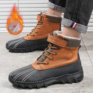 Winter Fleece Lace-up Snow Boots For Men Women Waterproof And Anti-slip Outdoor Work Boot Fashion Warm Mid-tube Cotton Shoes Men